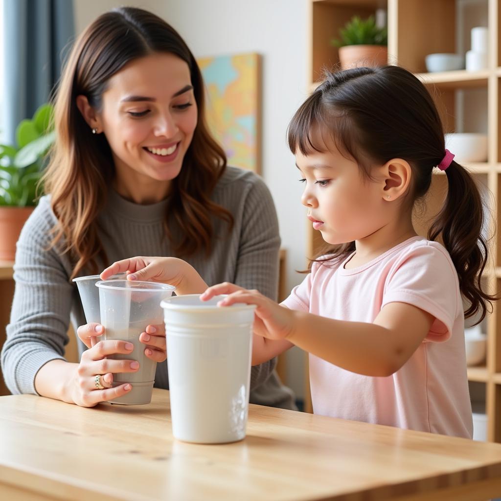 Giáo viên đang hướng dẫn trẻ thực hiện hoạt động di chuyển cốc nước theo phương pháp Montessori