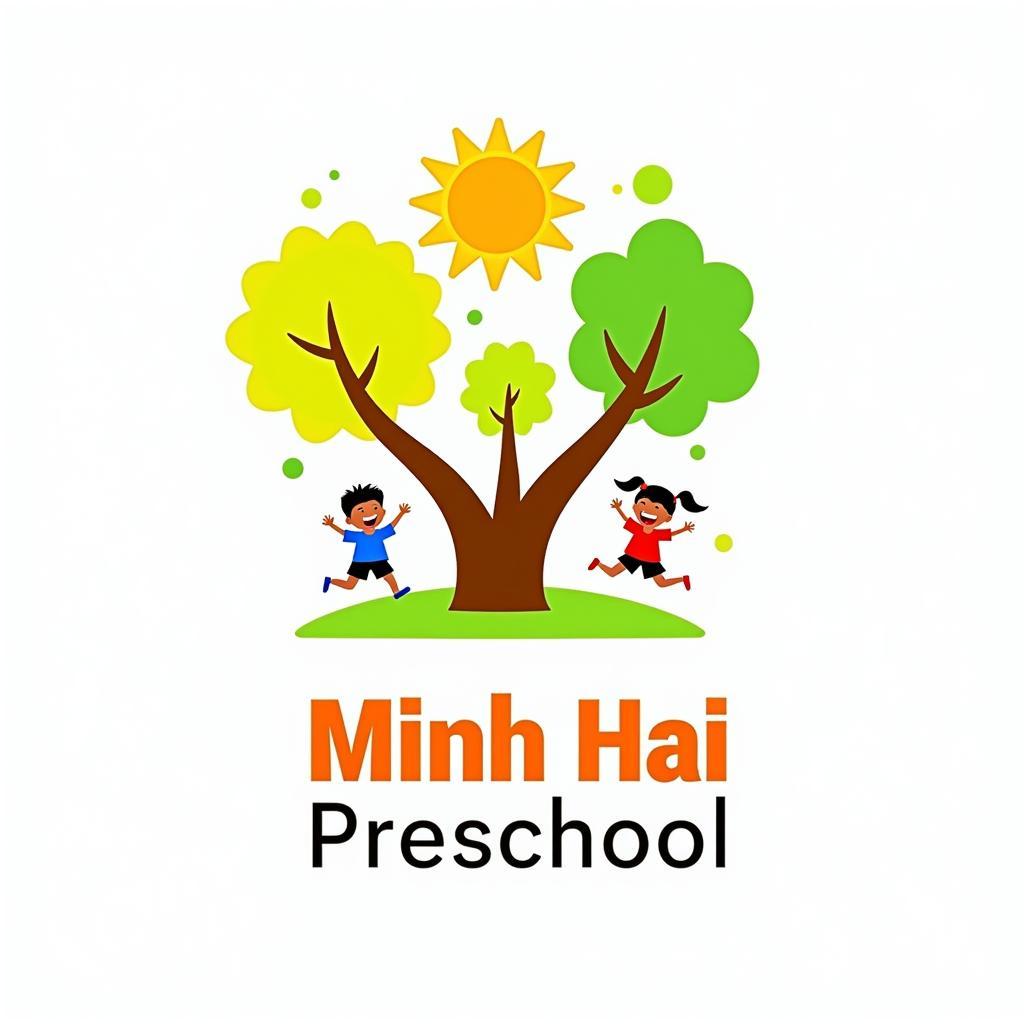 Logo mầm non Minh Hai với hình ảnh mặt trời rạng rỡ và trẻ em vui chơi