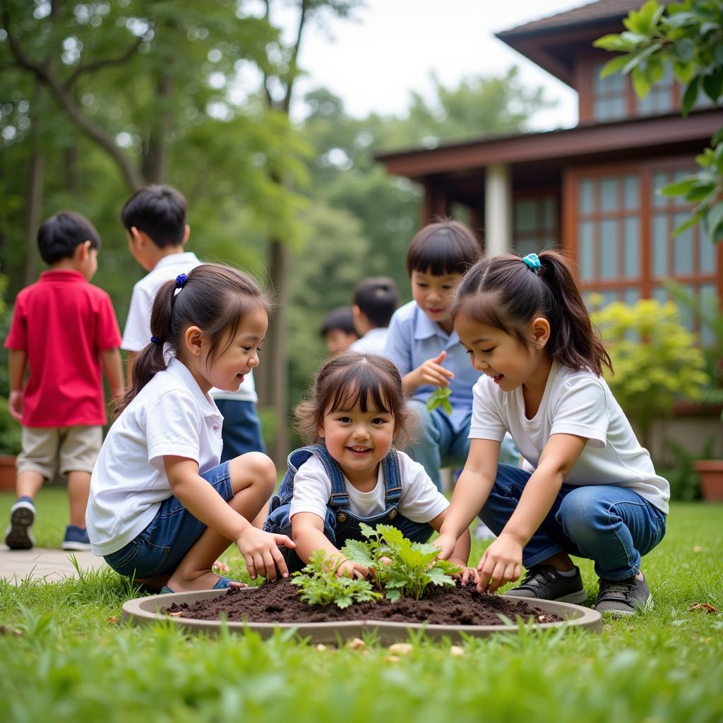 Trẻ em mầm non Anh Hoa tham gia hoạt động ngoài trời