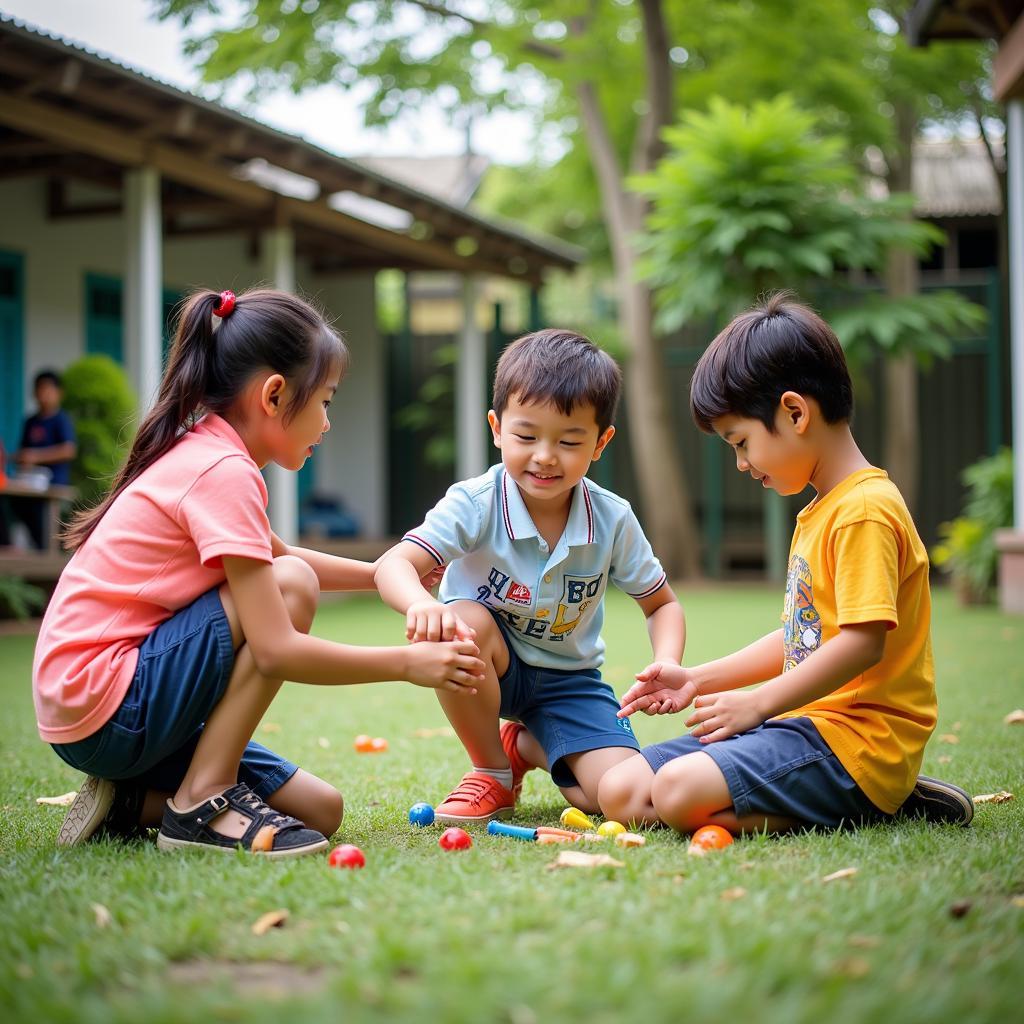 Trẻ em trường mầm non Hoa Sen, Hà Nội tham gia hoạt động ngoài trời.