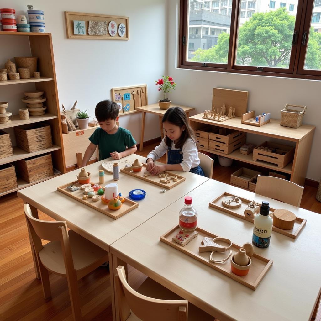 Lớp học Montessori tại Dĩ An với các giáo cụ Montessori được sắp xếp khoa học, tạo môi trường học tập lý tưởng cho trẻ.