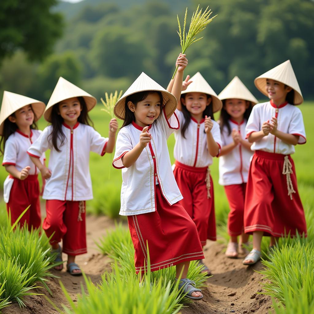 Trẻ mầm non mặc trang phục truyền thống, đội nón lá, tay cầm bông lúa, múa hát bài "Đi cấy"