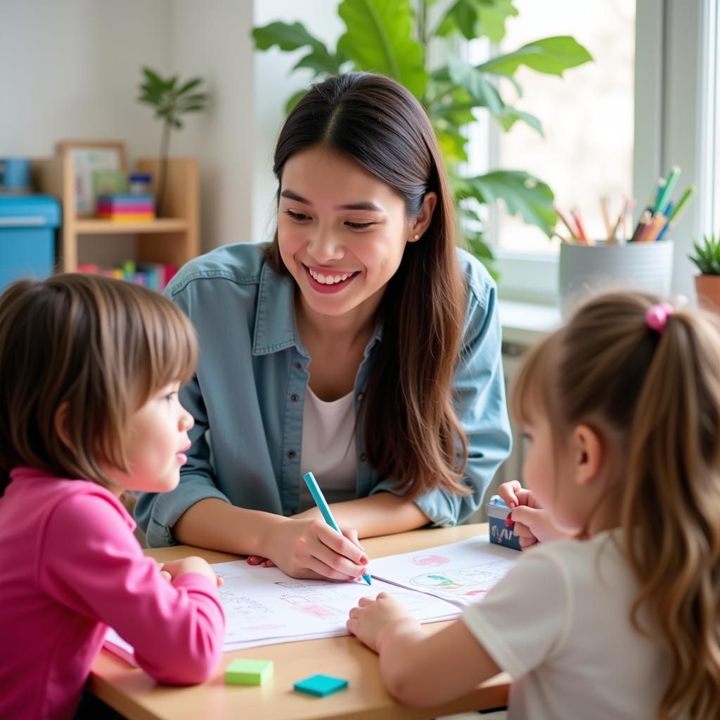 Năng lực chuyên môn giáo viên mầm non - Hình ảnh minh họa một giáo viên mầm non đang hướng dẫn trẻ em học tập, thể hiện năng lực chuyên môn và khả năng tương tác với trẻ.