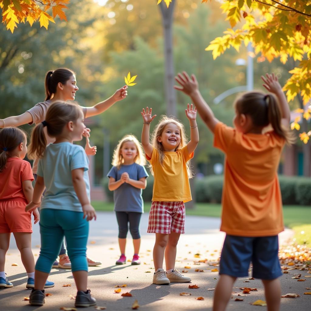 Children enjoying morning exercises at kindergarten in September