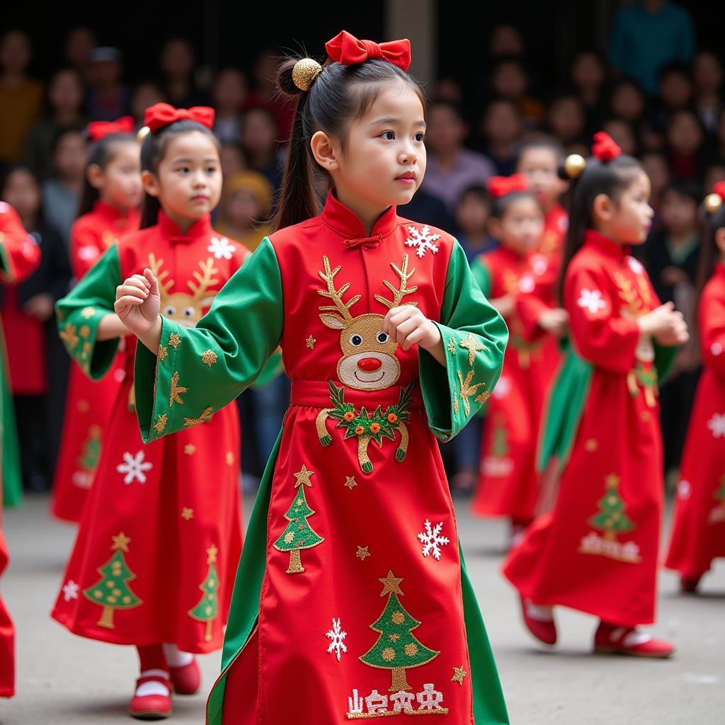 Trẻ em mặc áo dài cách tân màu sắc Noel biểu diễn múa