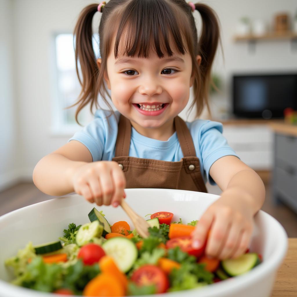 Trẻ mầm non trộn salad rau củ