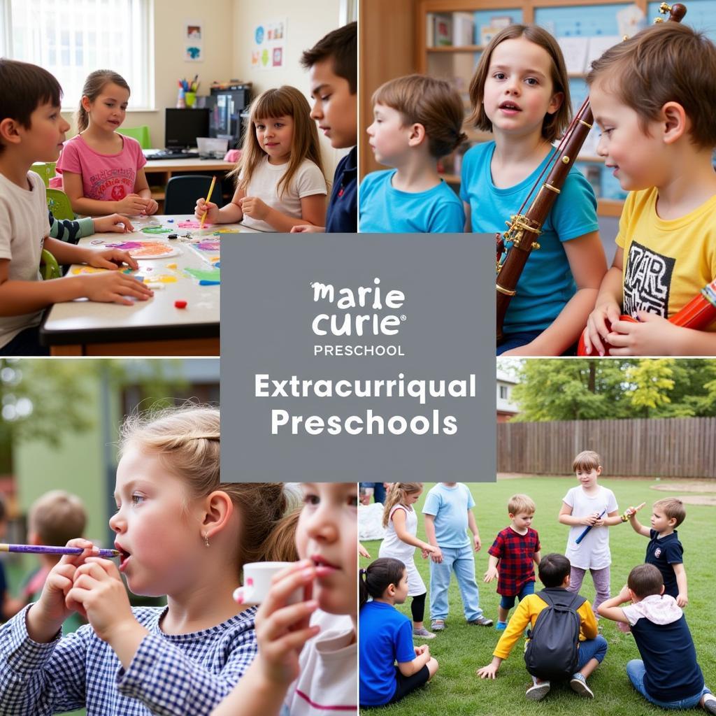 Children participating in various extracurricular activities at Marie Curie preschool, such as painting, singing, and outdoor games.