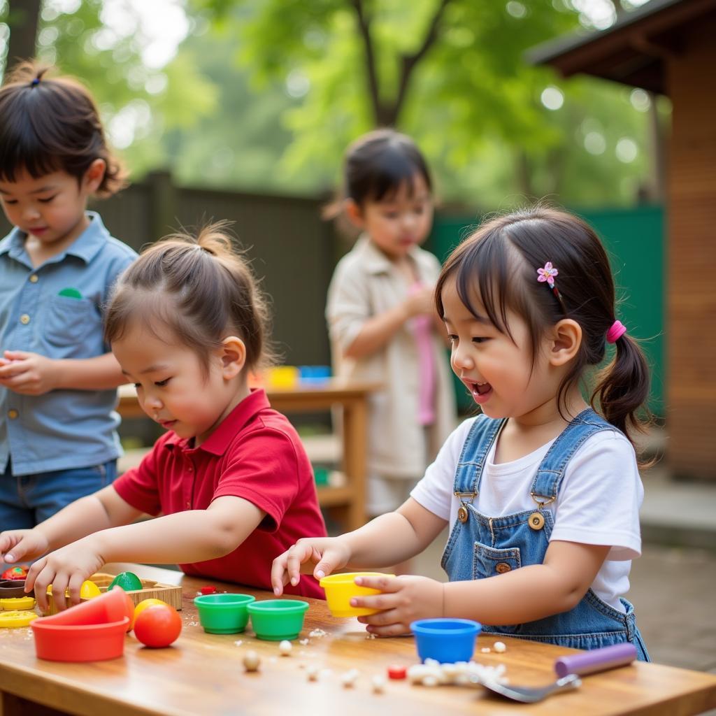 Trẻ em tham gia hoạt động ngoài trời tại trường mầm non Việt Mỹ Montessori