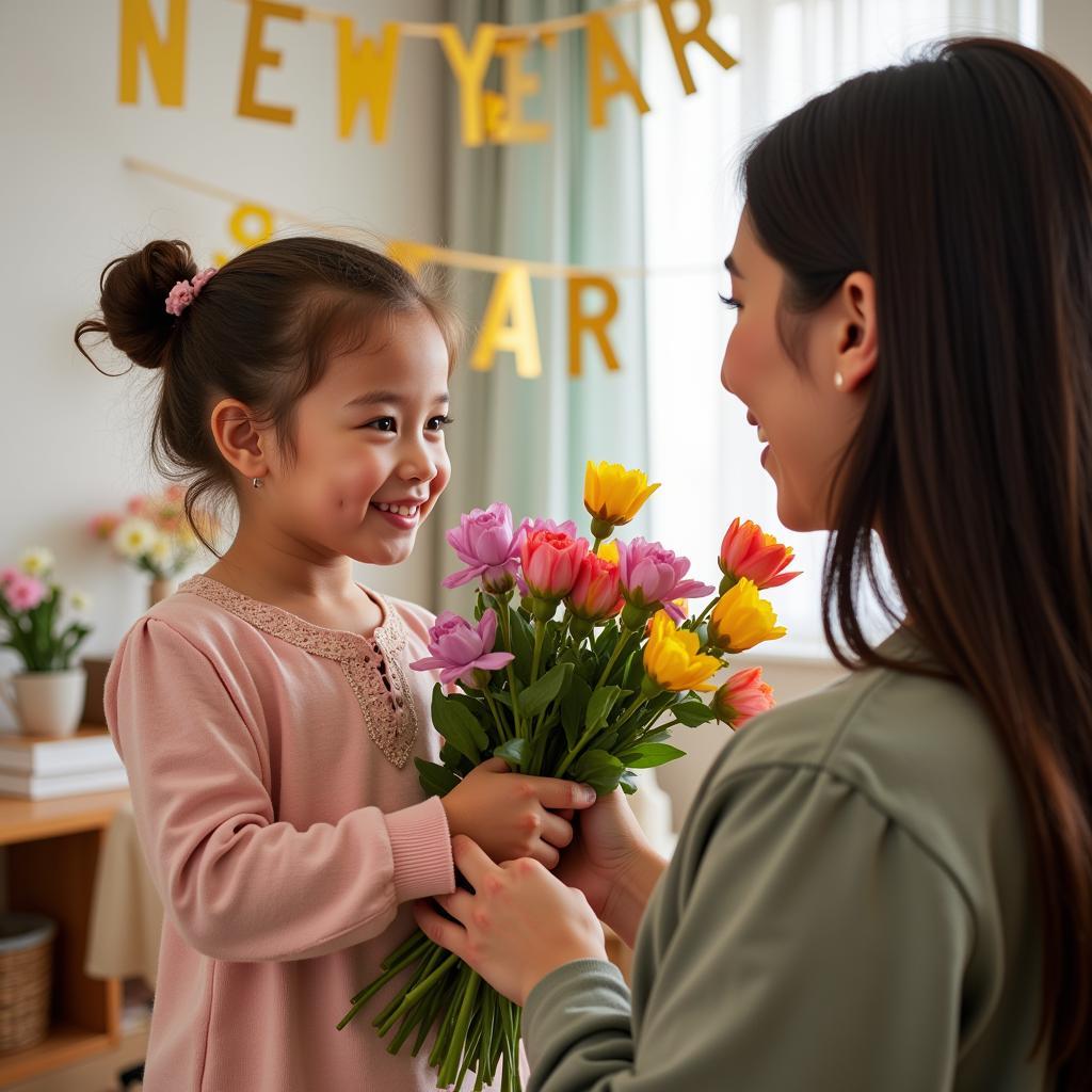 Bé tặng hoa cô giáo chúc mừng năm mới