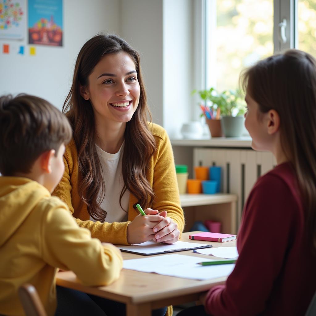 Cô giáo đang tư vấn cho phụ huynh về hệ vừa học vừa làm ngành giáo dục mầm non