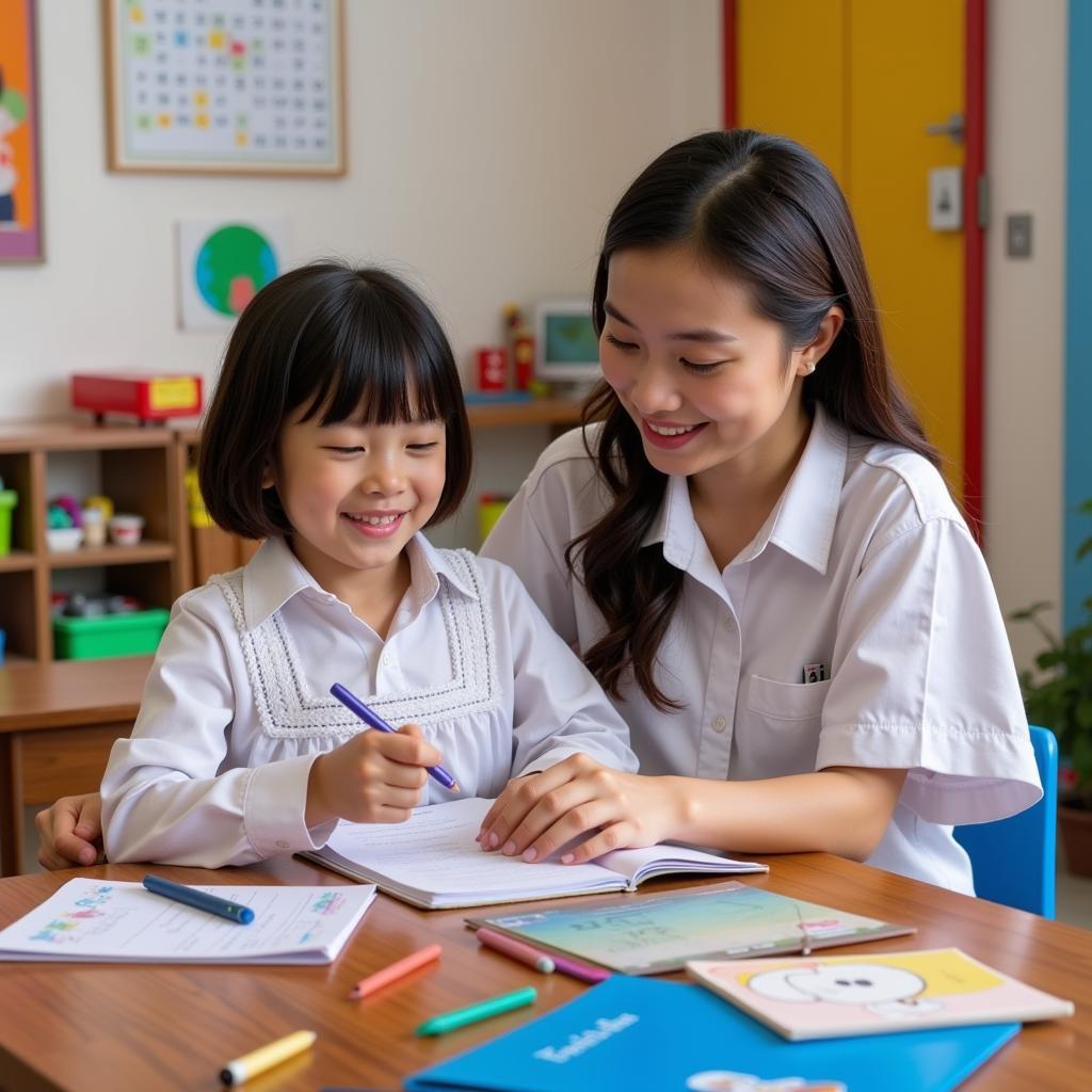 Giáo viên Happy School Nam Định tận tâm dạy dỗ và chăm sóc các bé.