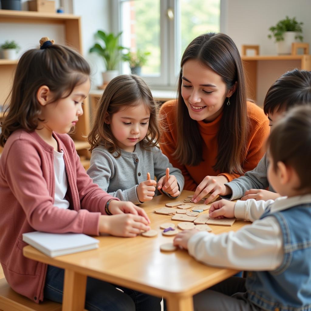 Giáo viên hướng dẫn trẻ em tại trường mầm non Montessori