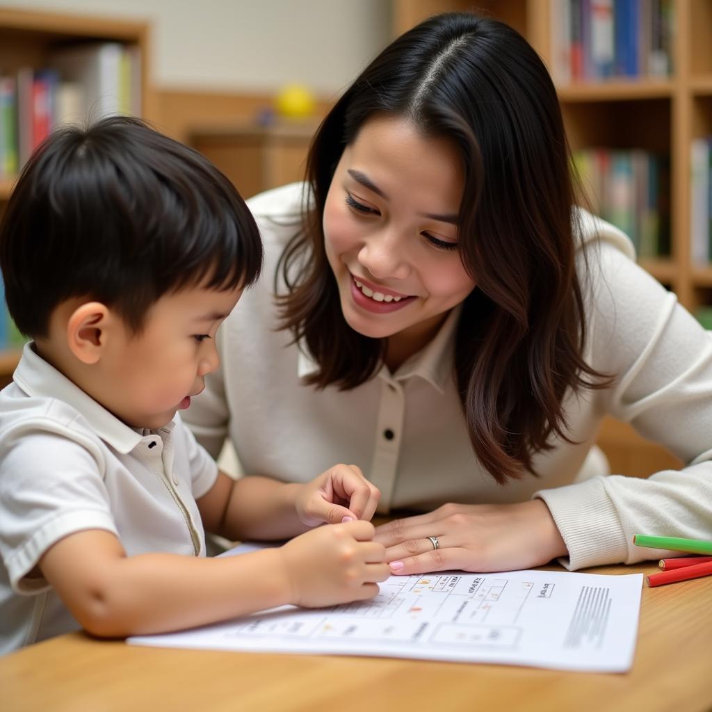 Giáo viên Montessori tại quận Ba Đình hướng dẫn trẻ học tập