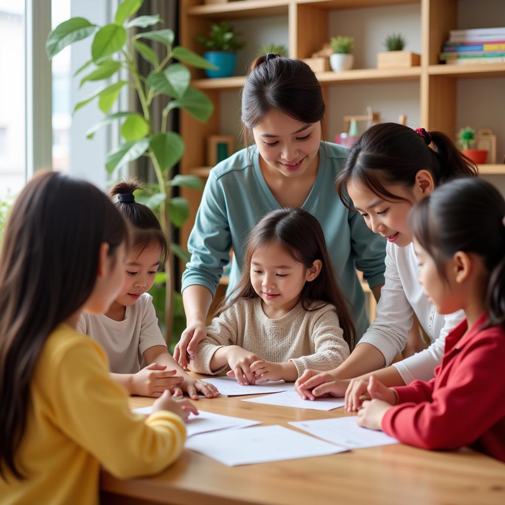 Giáo viên và học sinh trường mầm non Montessori Việt Hưng