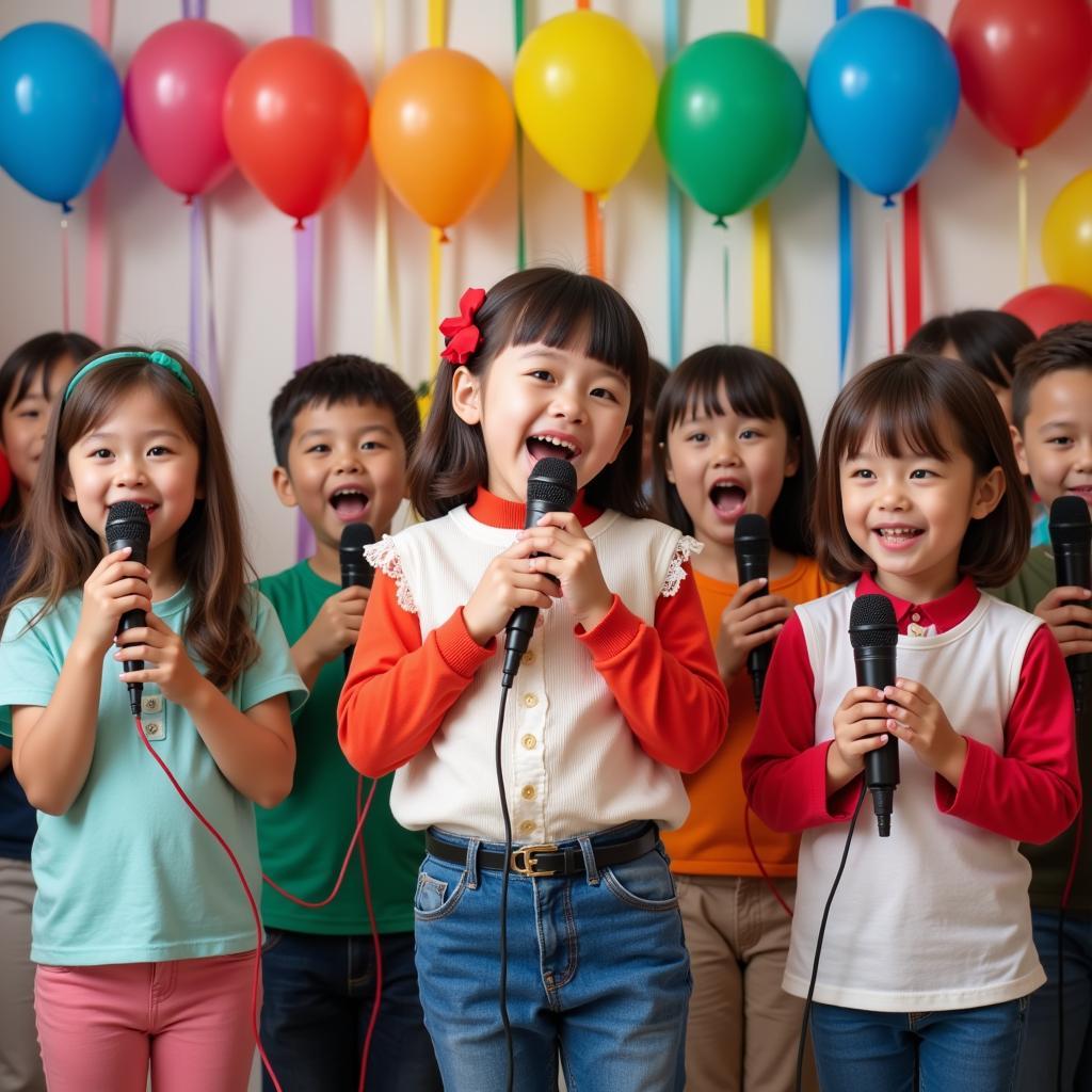 Hình ảnh các bé mầm non đang hát karaoke bài "Em là mầm non của Đảng"