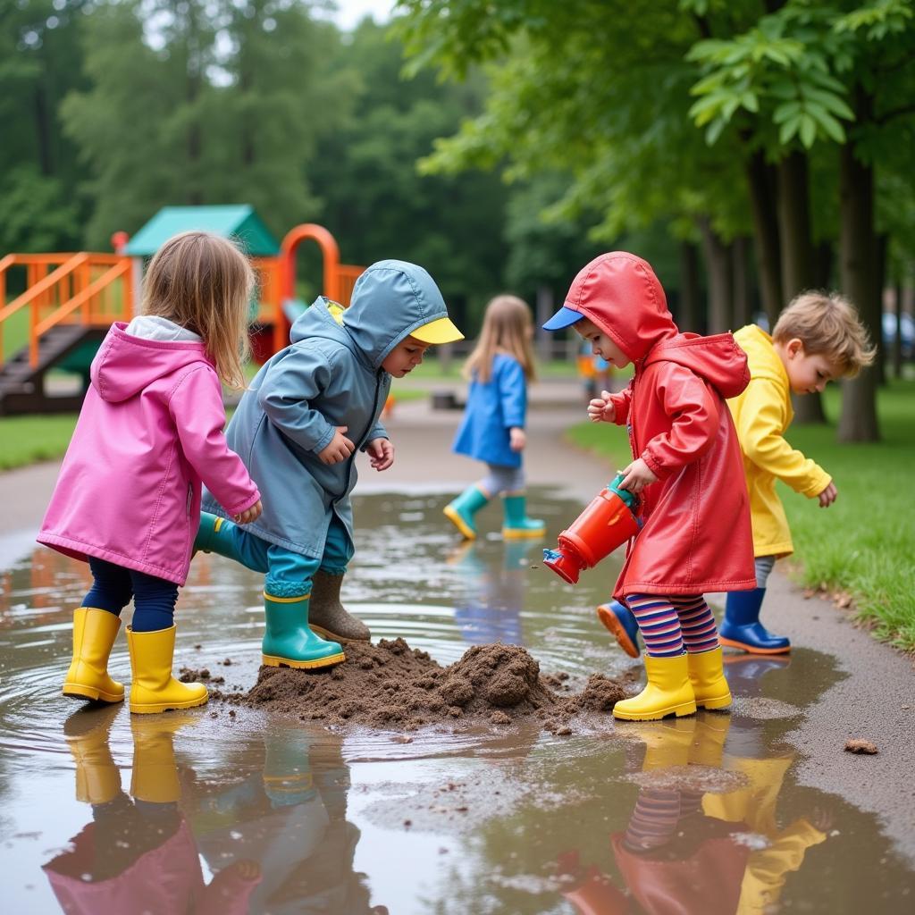 雨上がりに遊ぶ幼稚園児