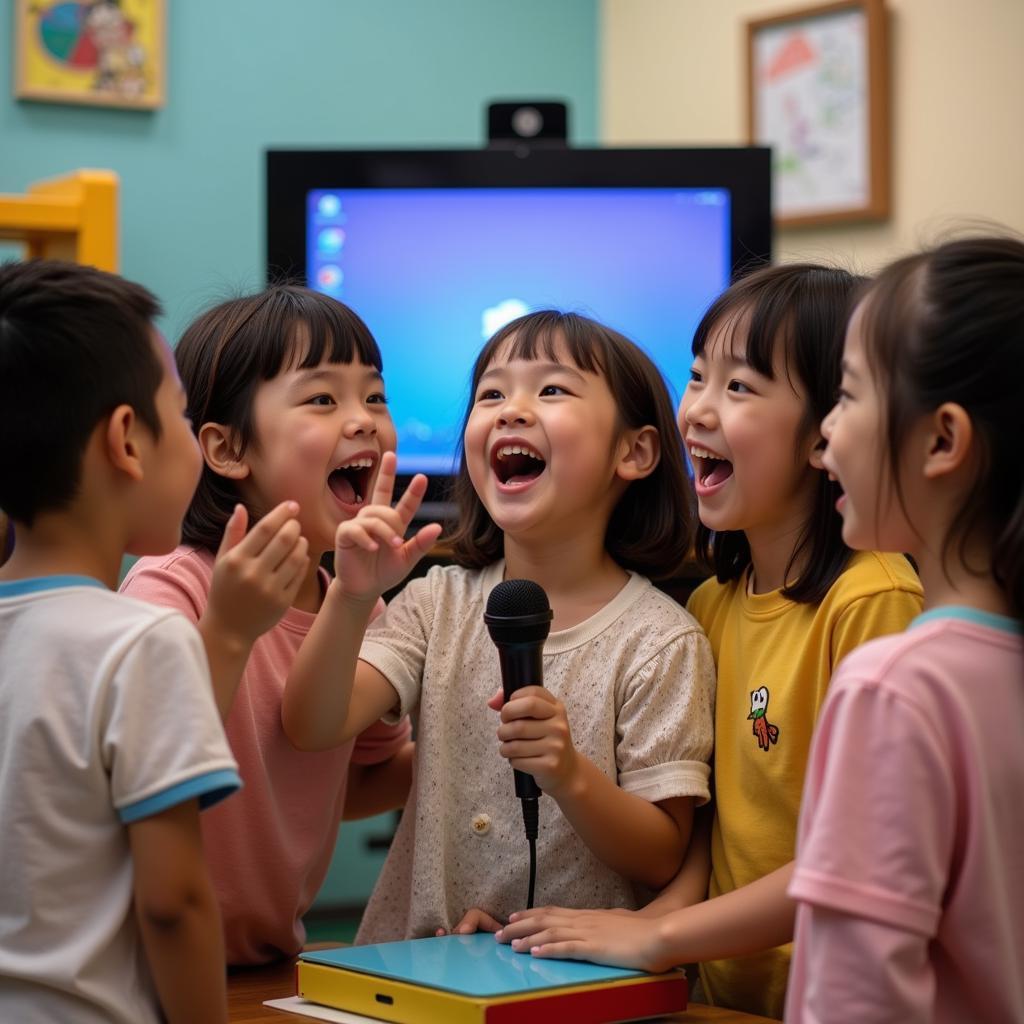 Trẻ mầm non hát karaoke "Em là mầm non của Đảng"