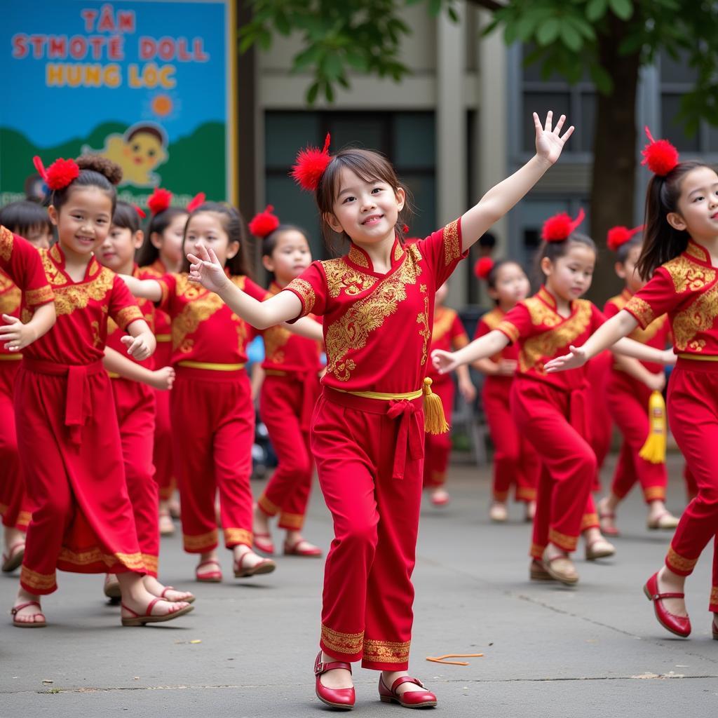 Các bé mầm non Hưng Lộc biểu diễn aerobic tạm biệt búp bê trong ngày hội trường