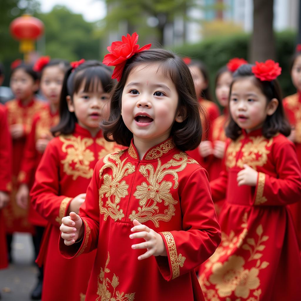 Trẻ em mầm non trong trang phục truyền thống đang múa hát mừng xuân, khuôn mặt rạng rỡ, tươi tắn.