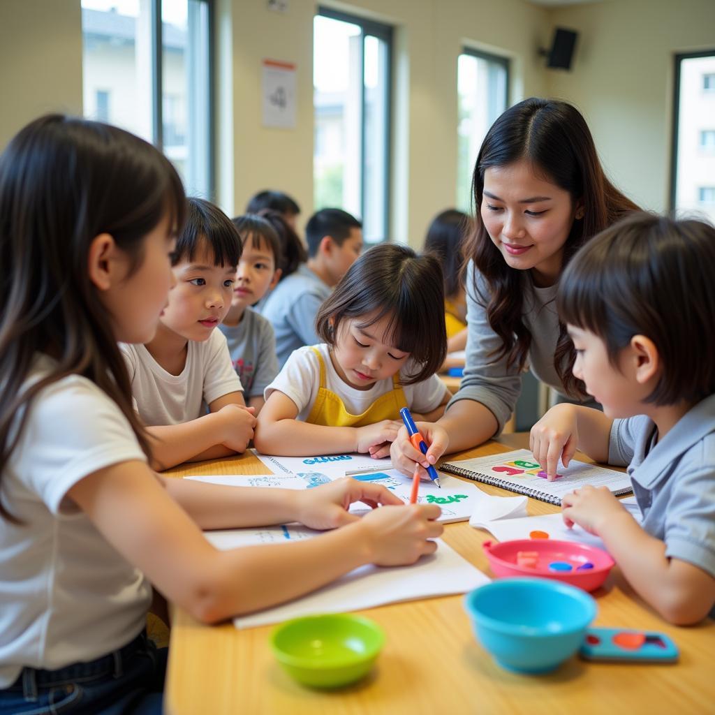 Sinh viên Đại học Sư Phạm Mầm Non Huế tham gia hoạt động tình nguyện tại trường mầm non.