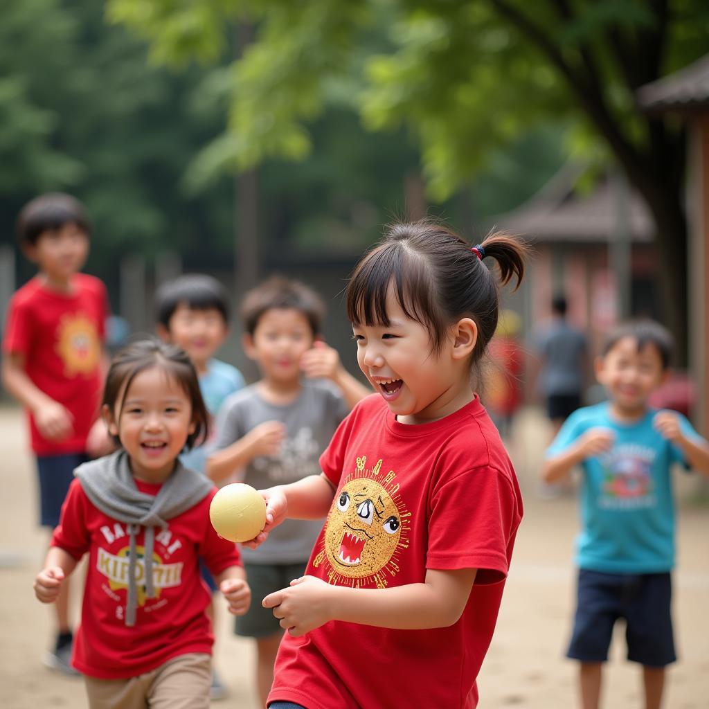 Trẻ em mầm non chơi ném còn ngoài trời