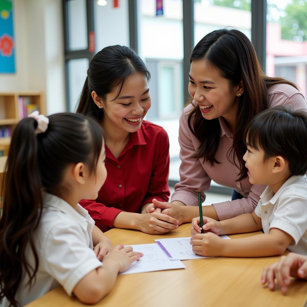 Giáo viên tương tác với học sinh tại Trường Mầm Non Happy Kid Vinh