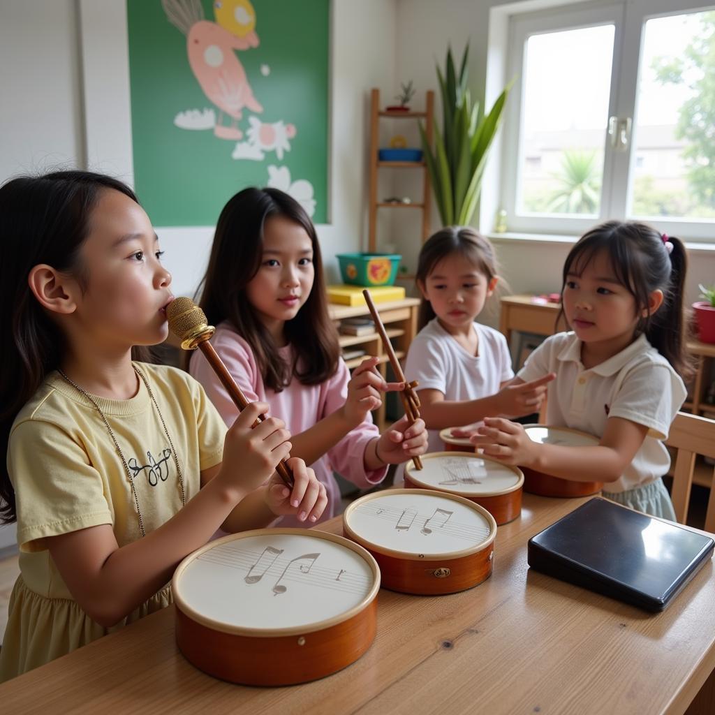 Trẻ em học nhạc cụ tại trường mầm non Steiner