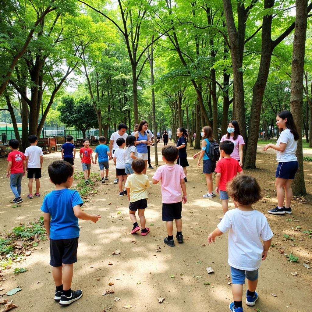 Trẻ em tham gia hoạt động ngoài trời tại Trường Mầm Non Vườn Yêu Thương Montessori