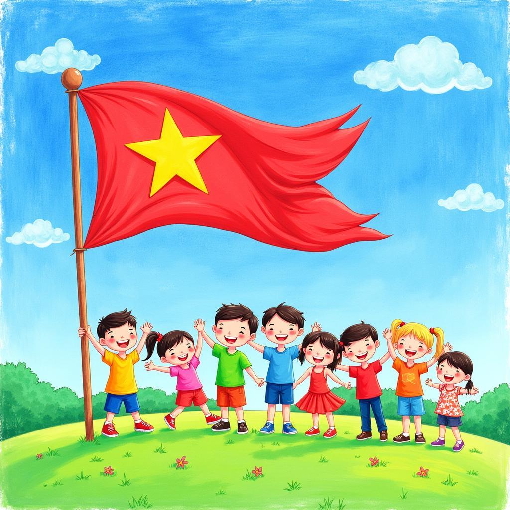 Hình ảnh vẽ các em nhỏ tươi cười với lá cờ đỏ sao vàng tung bay trên nền trời xanh.