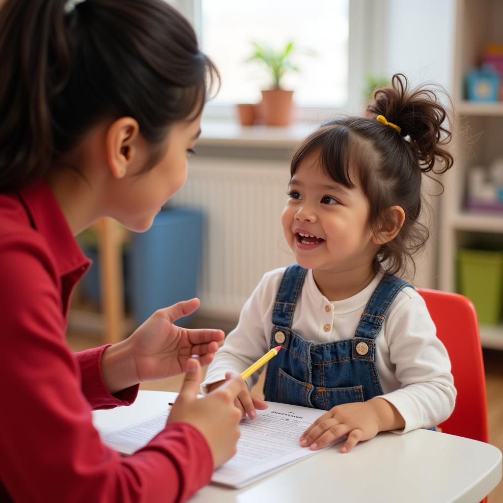 Bé mầm non đang giao tiếp tiếng Anh với cô giáo.