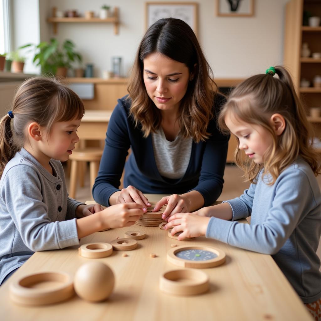 Giáo viên mầm non Montessori làm việc với trẻ