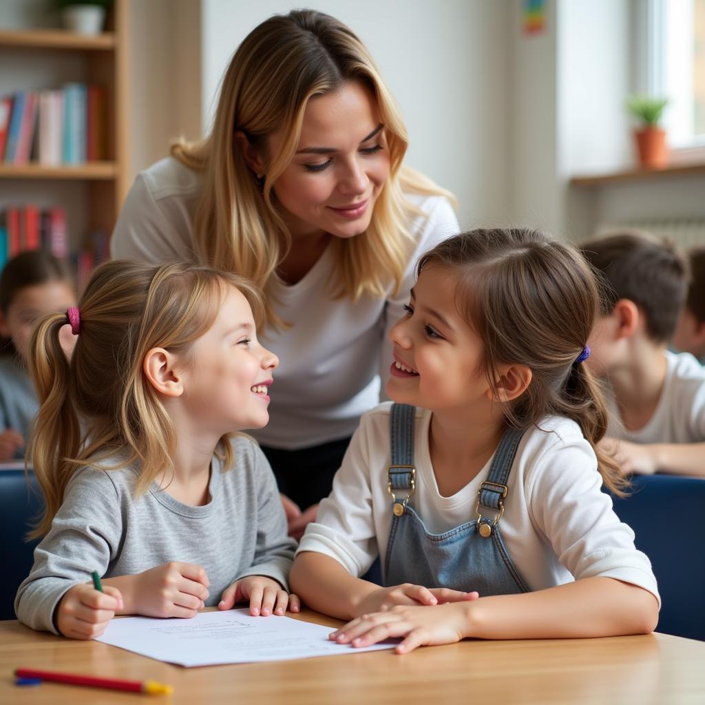 Dedicated kindergarten teachers interacting with children