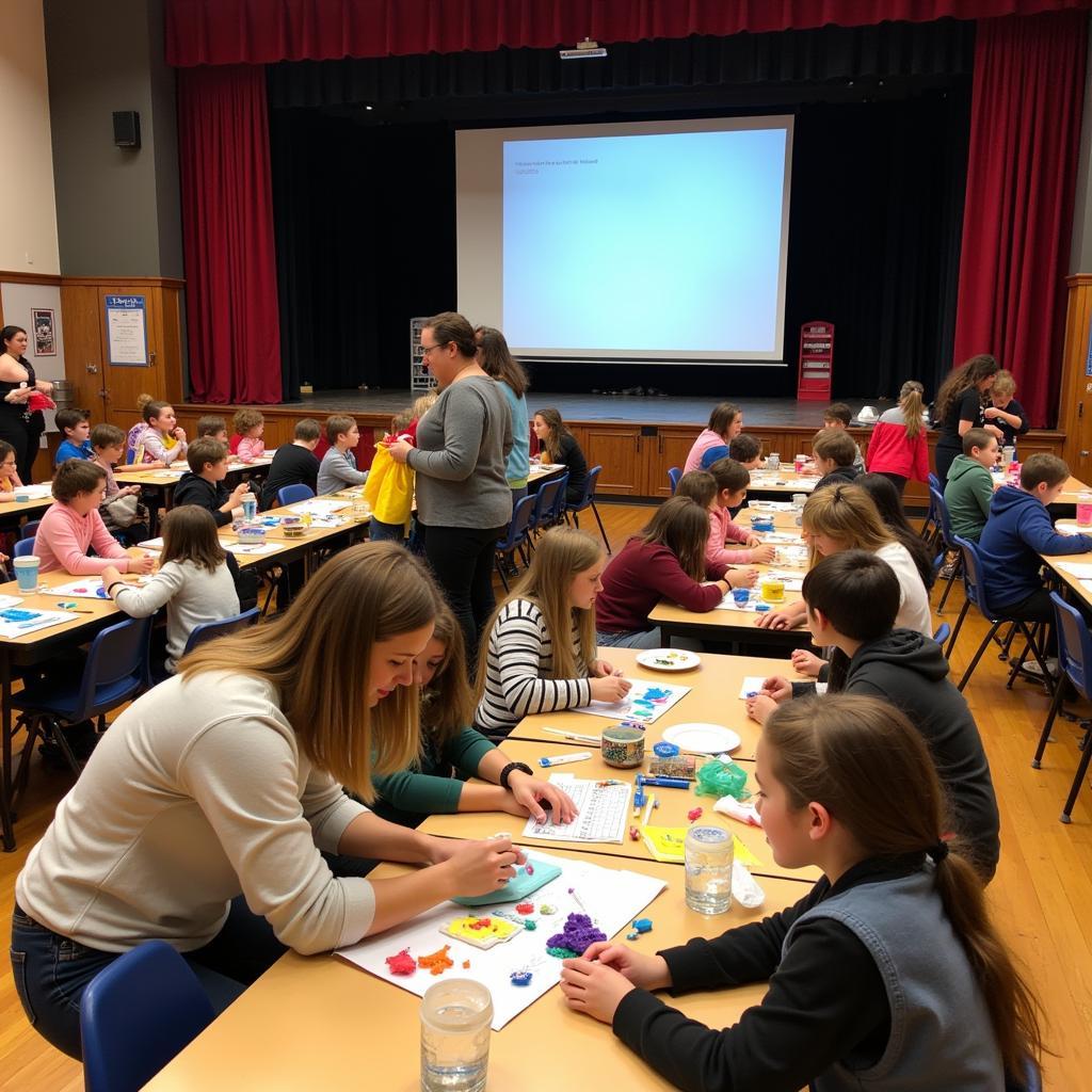 Teachers and parents preparing for a kindergarten art show